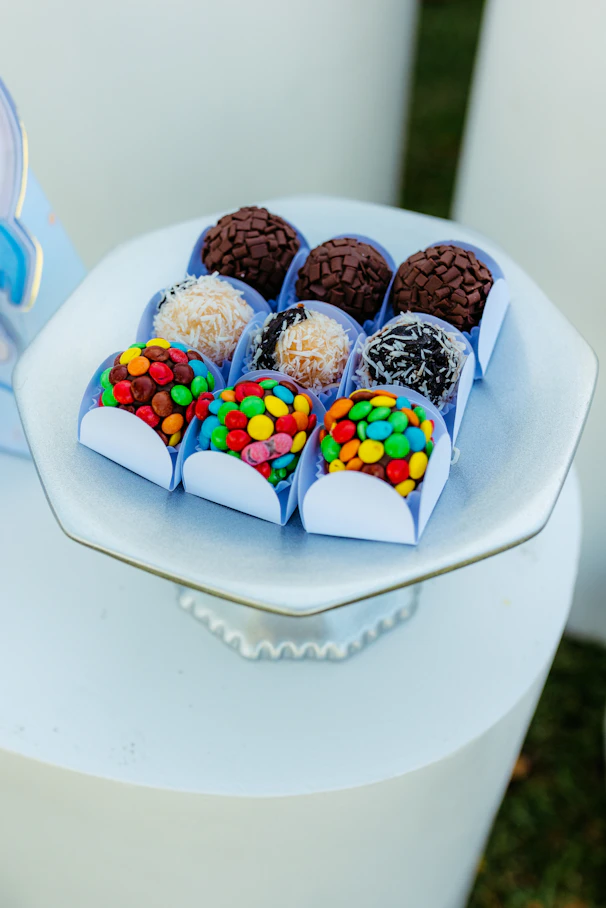 A platter of colorful candies and chocolates