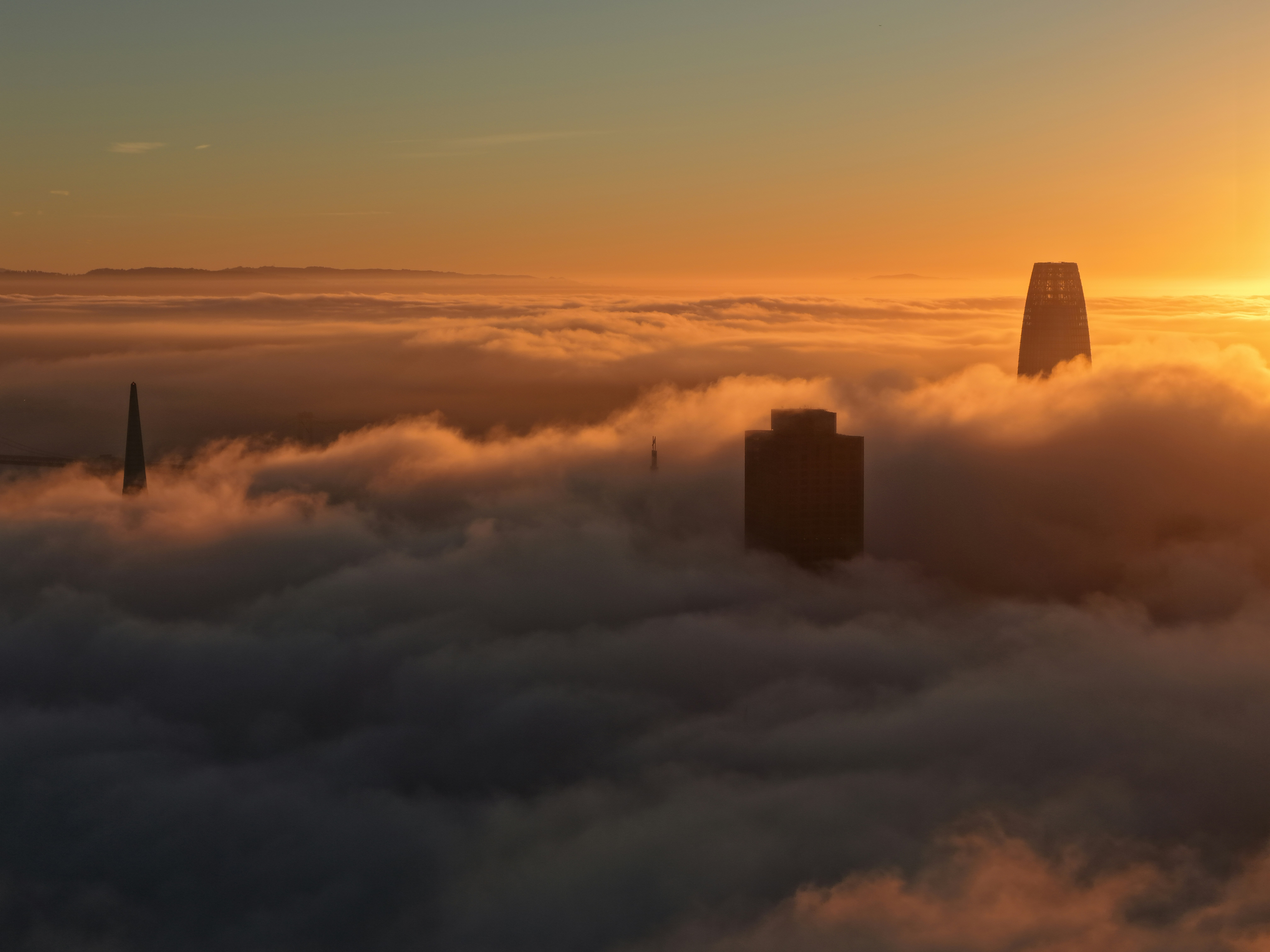 Los rascacielos emergen de un mar de nubes al atardecer.
