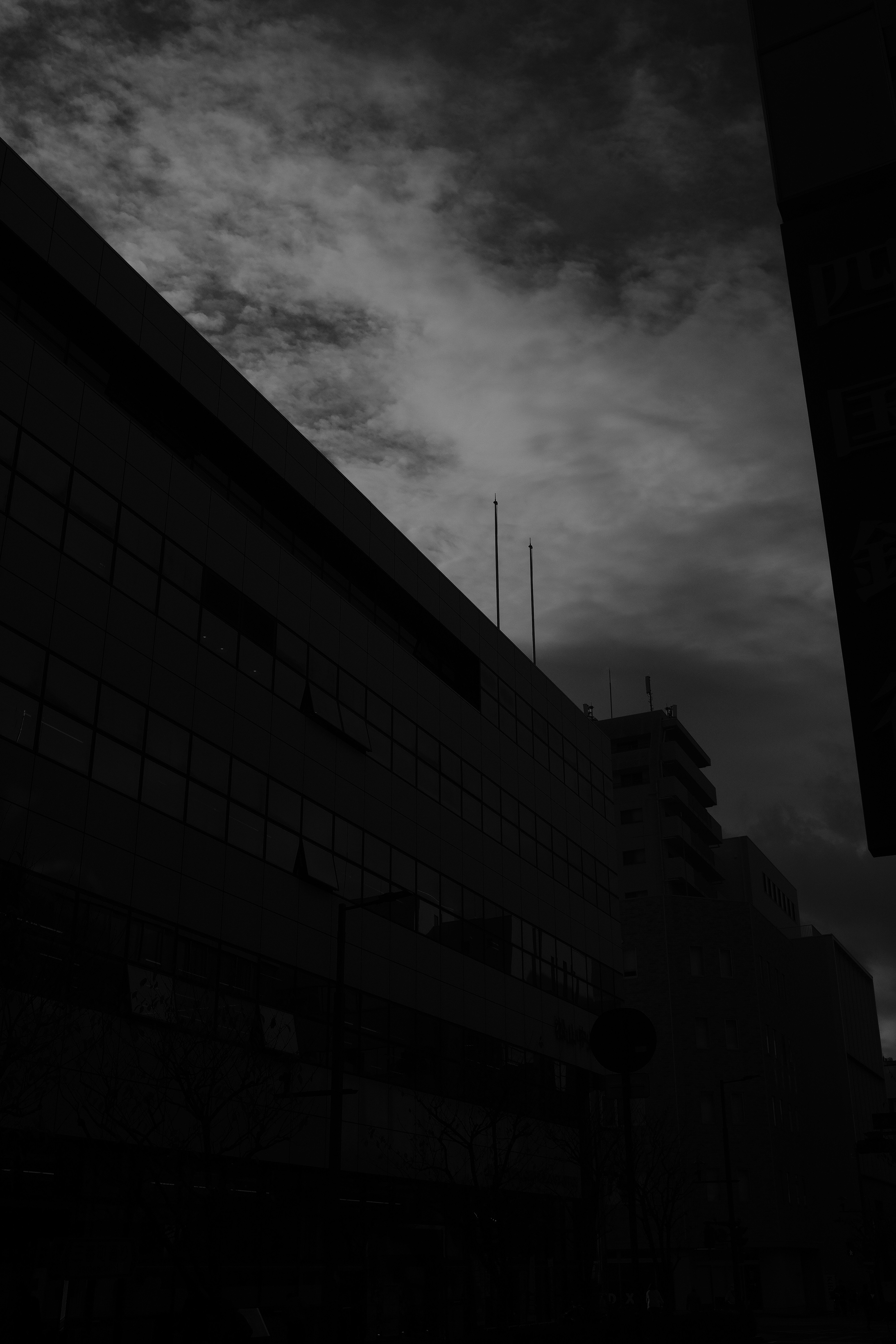 Dark building facade against a cloudy sky