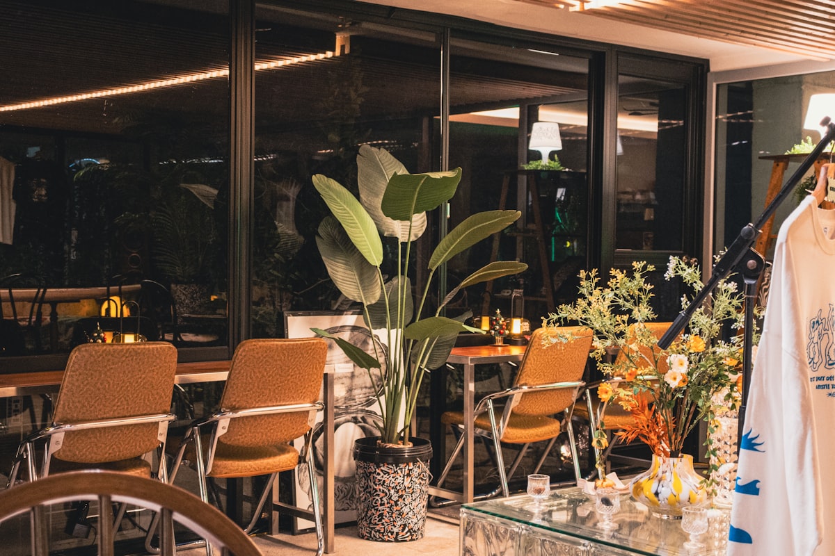 Intérieur de café avec chaises, plantes et éclairage chaleureux