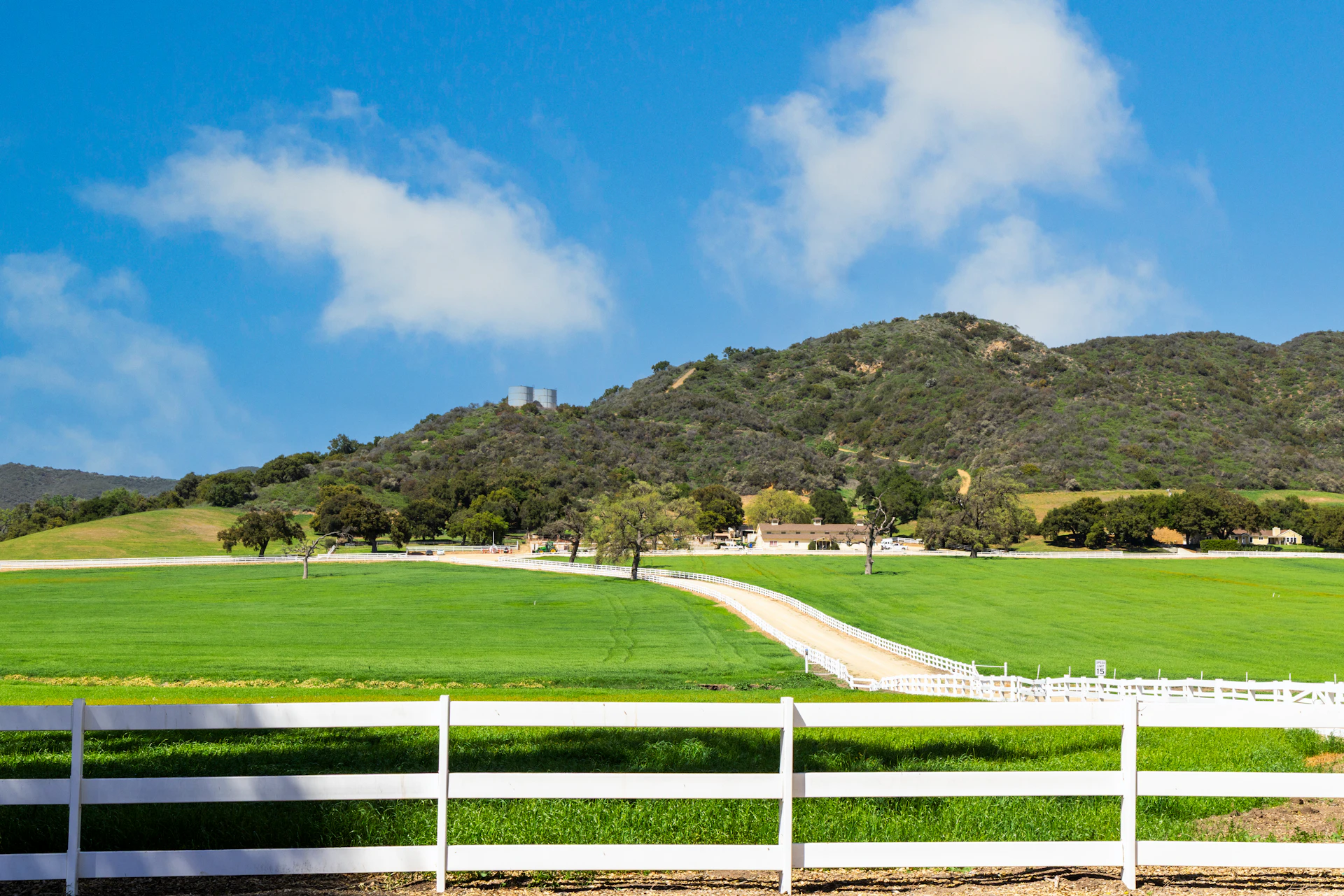 Green fields with a white fence and rolling hills.