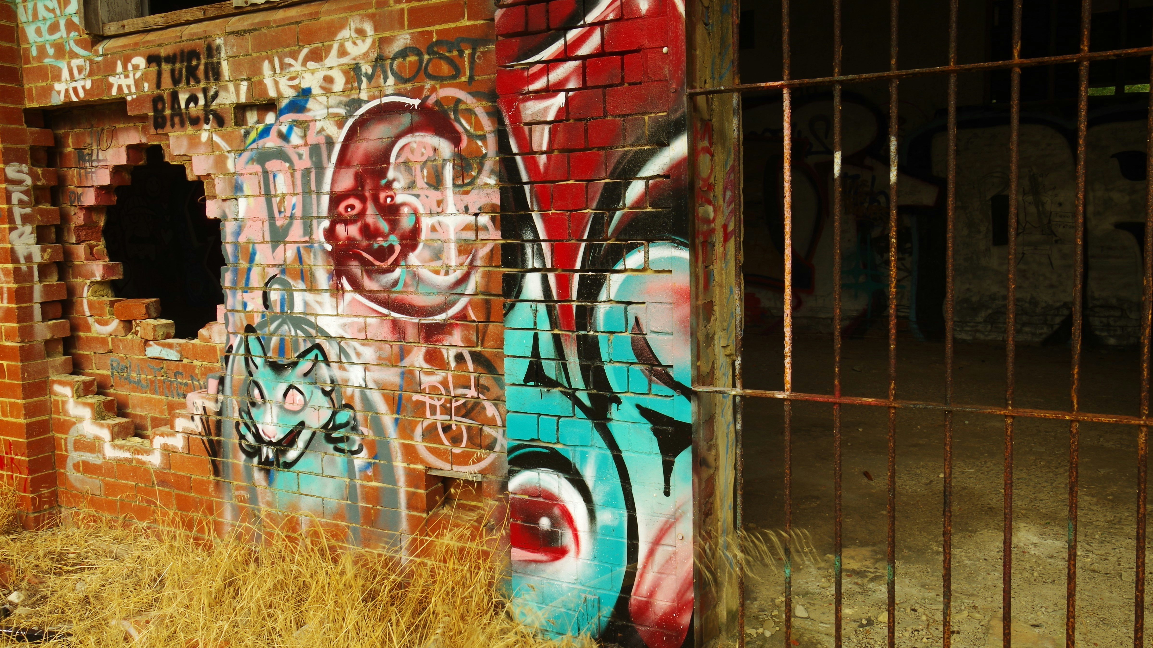 Graffiti art on a crumbling brick wall