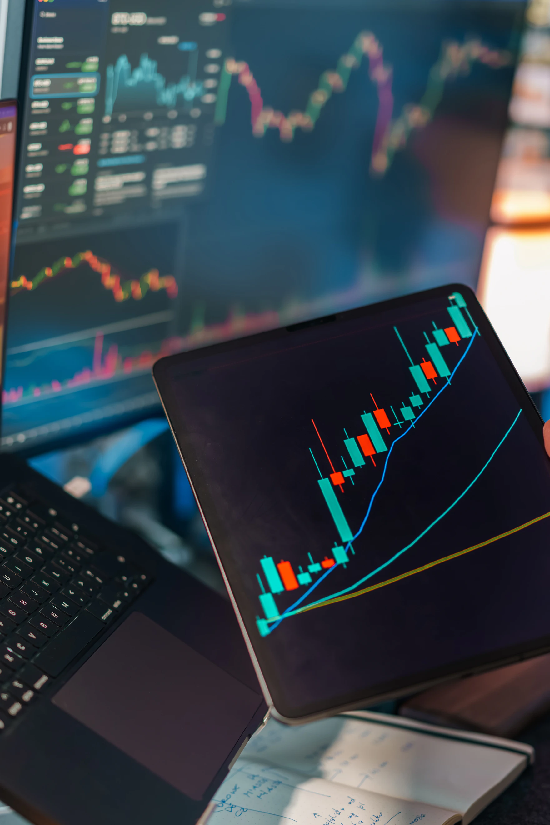 A market analysis workspace showing charts across a laptop and tablet