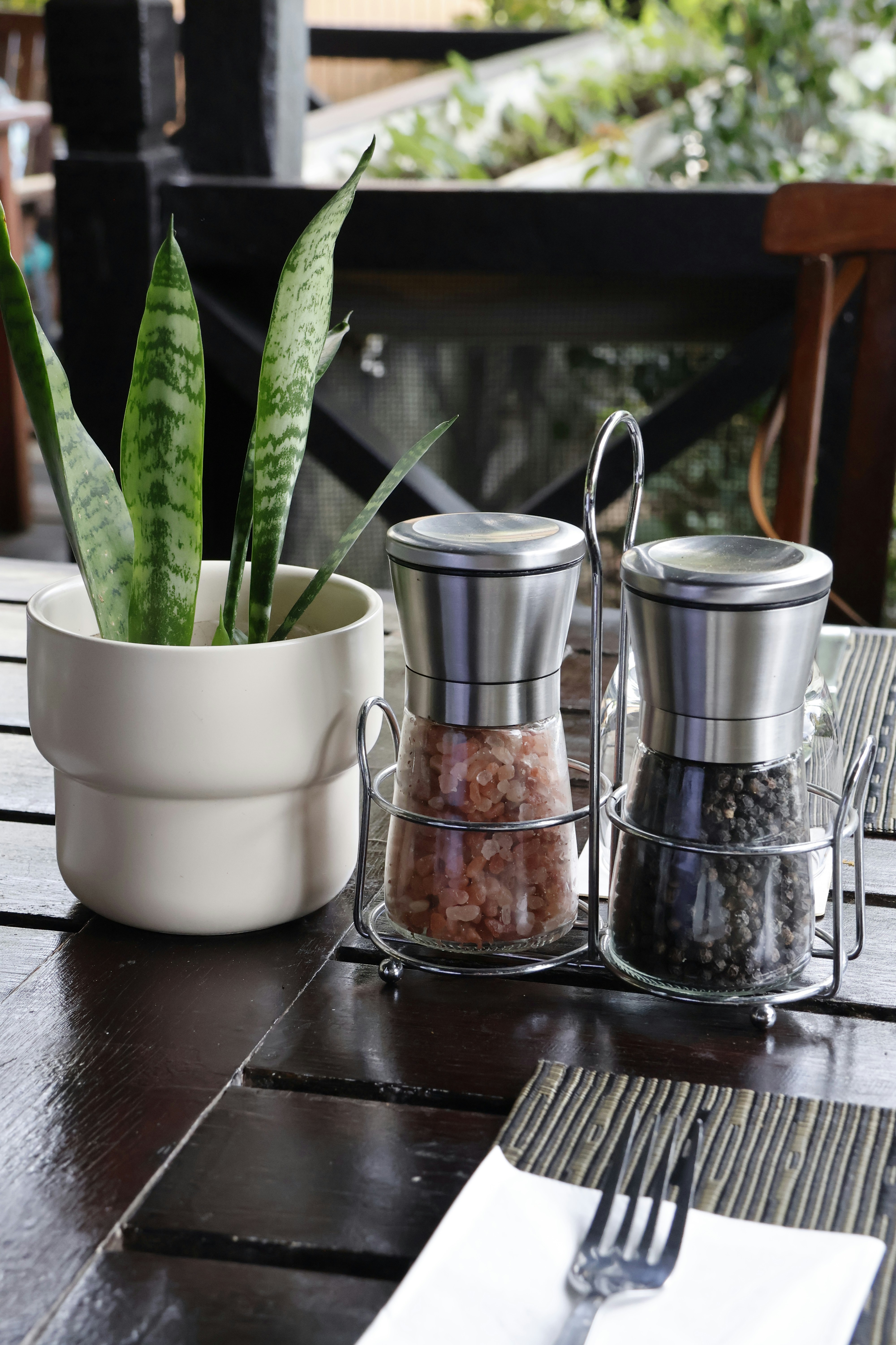 テーブルに植物を置いた塩と胡椒の入れ替え