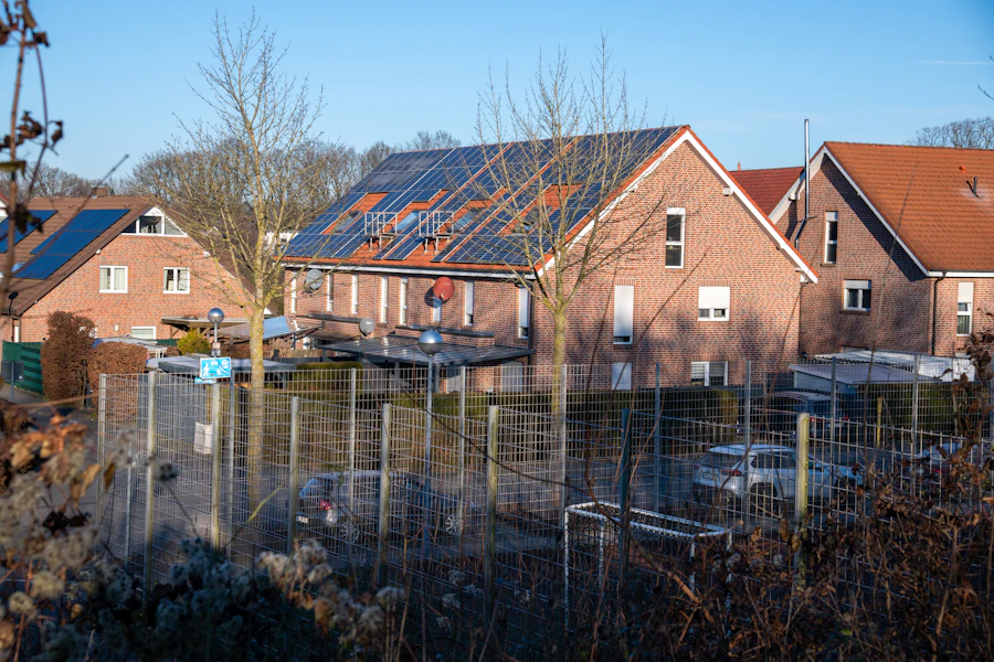Brick houses with solar panels on the roof