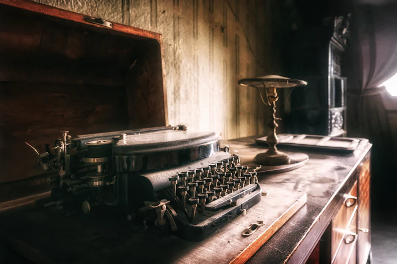 An antique typewriter on a dusty wooden desk in low warm light — the instrument of the first message.