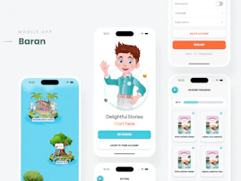 Mobile app interface with cartoon characters and stories
