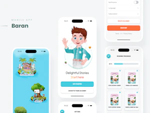 Mobile app interface with cartoon characters and stories
