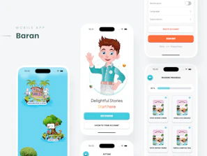 Mobile app interface with cartoon characters and stories