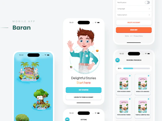 Mobile app interface with cartoon characters and stories.