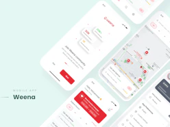 Mobile app interface design with map and social feed.