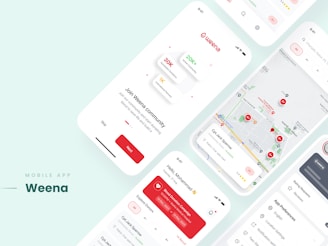 Mobile app interface design with map and social feed.
