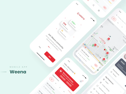 Mobile app interface design with map and social feed.