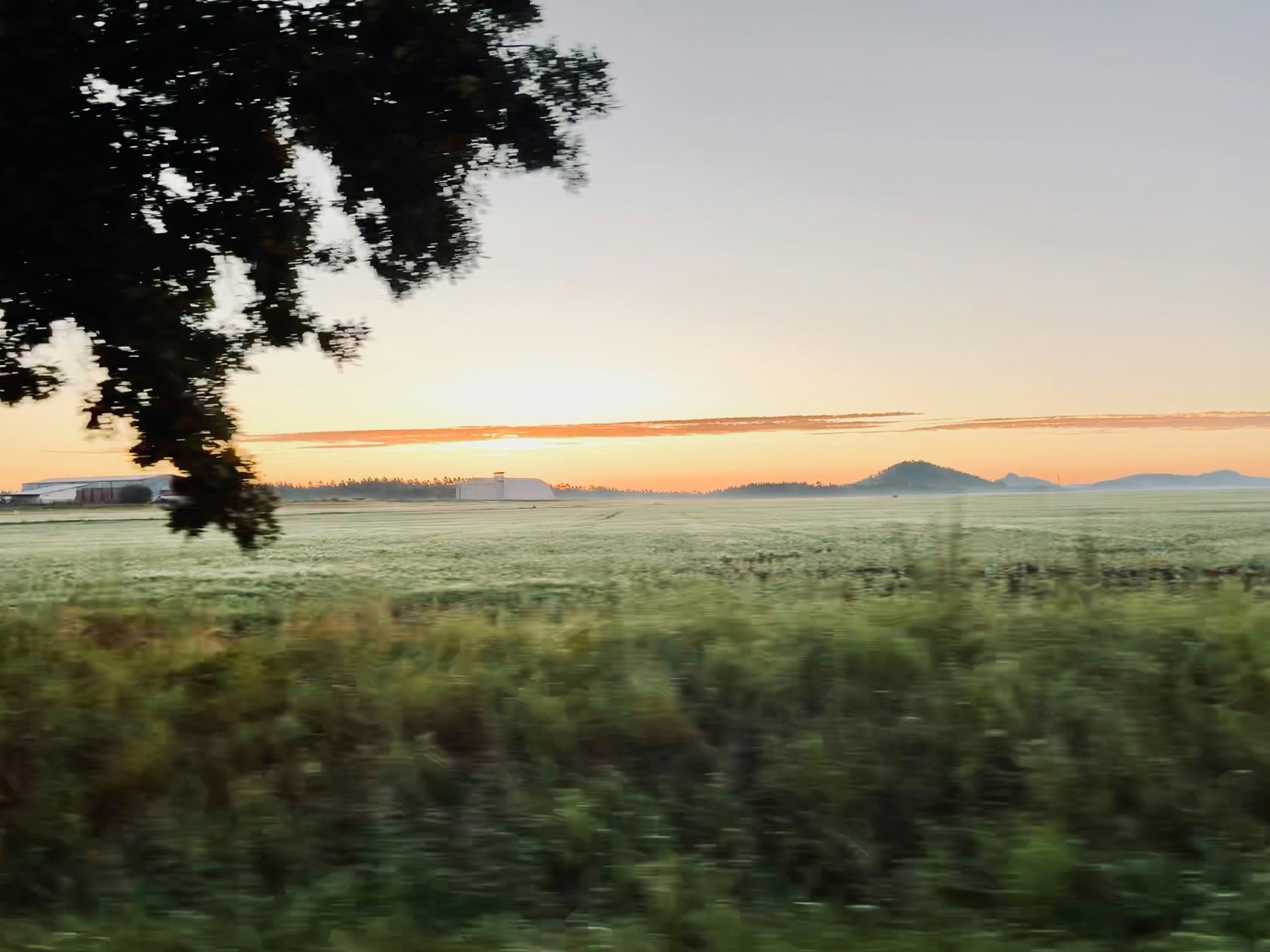 Sunrise over a misty rural landscape with rolling hills.