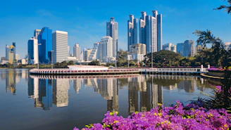 City skyline reflected in a calm lake with flowers.