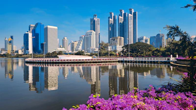 City skyline reflected in a calm lake with flowers.