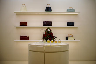 Designer handbags displayed on illuminated shelves above a display table.