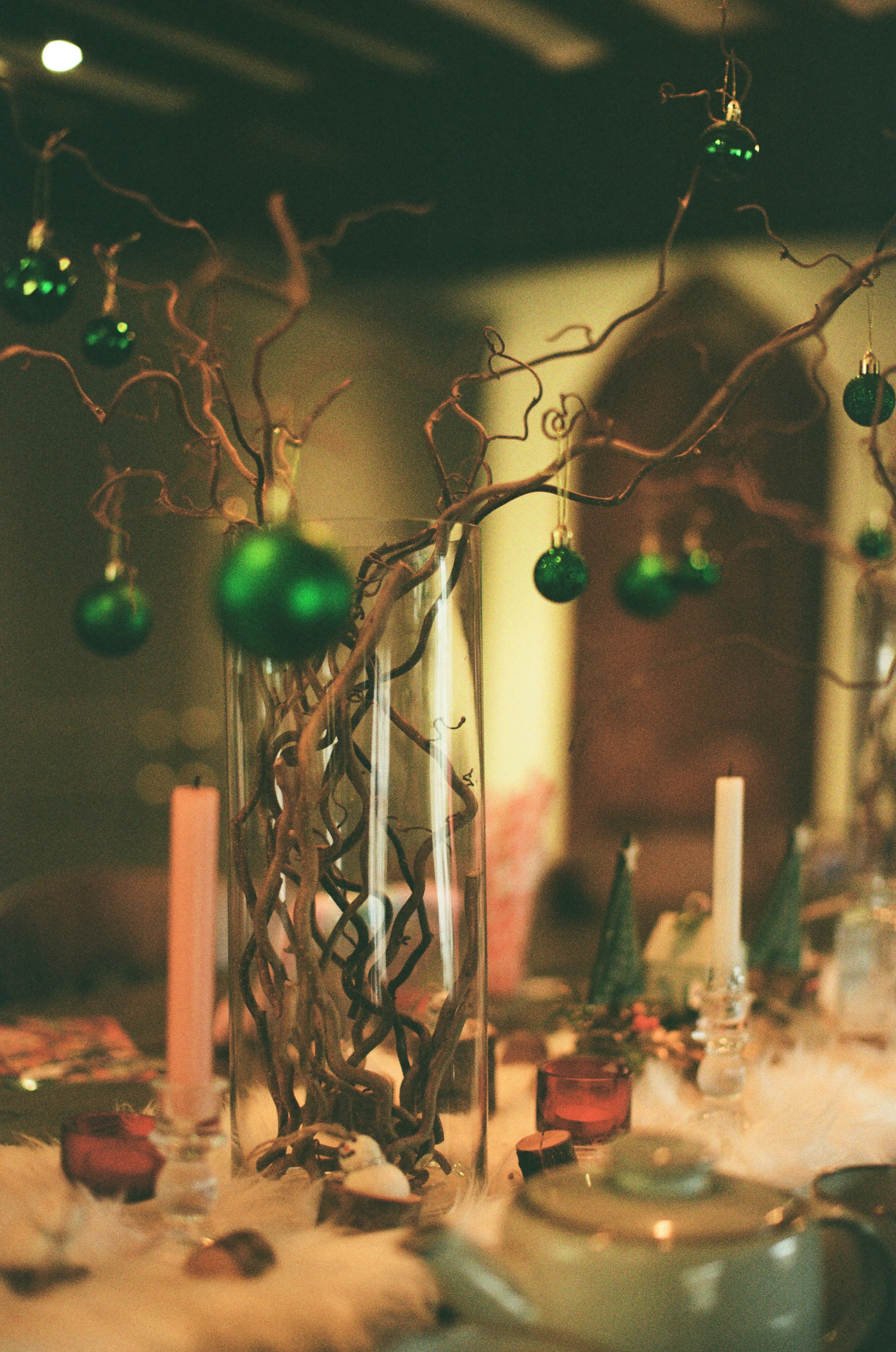 Green ornaments displayed on bare branches set into old wooden crates by a window