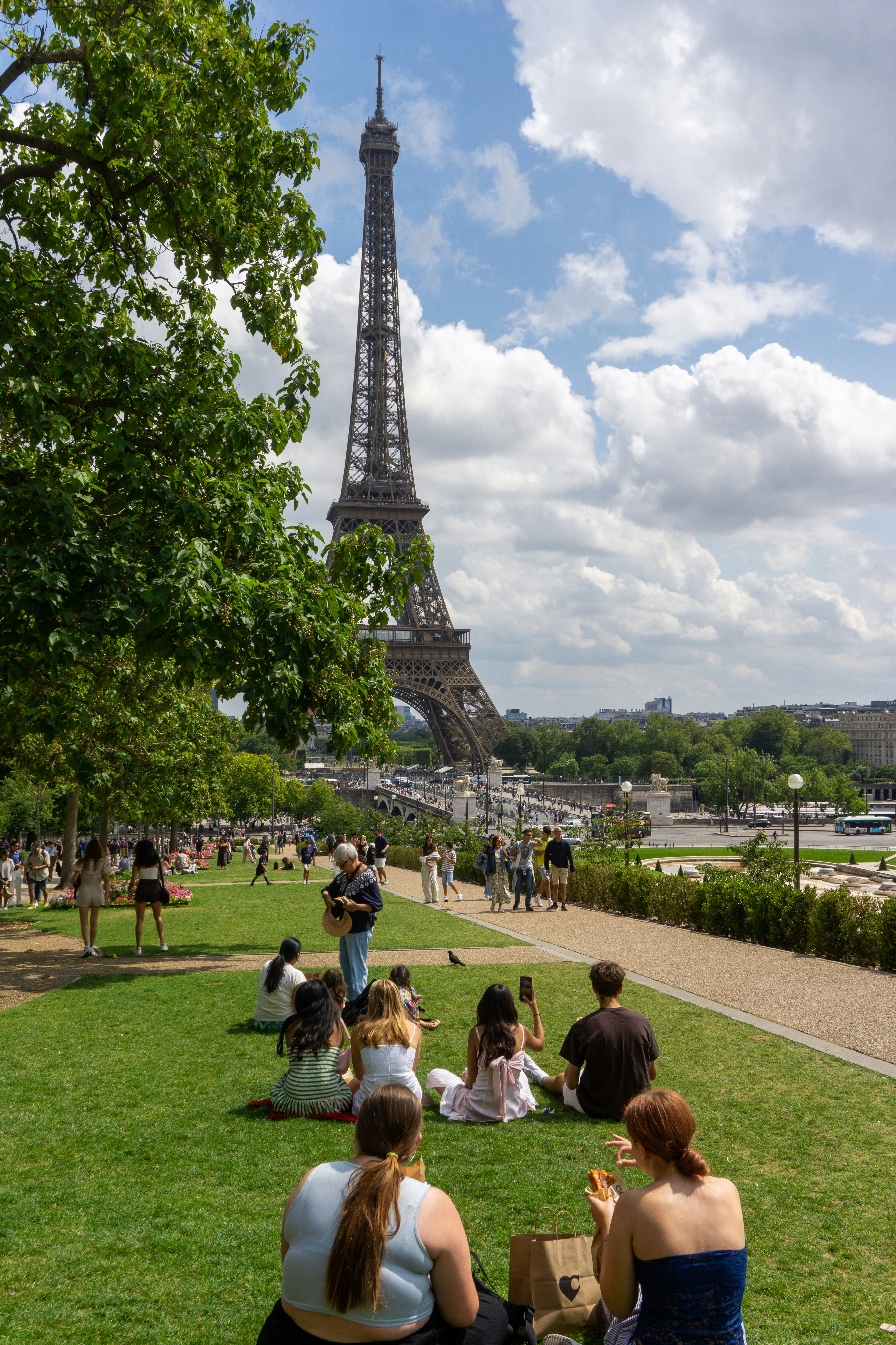 Persone che si rilassano sull'erba con la Torre Eiffel sullo sfondo