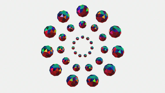 Colorful geometric spheres arranged in concentric circles.
