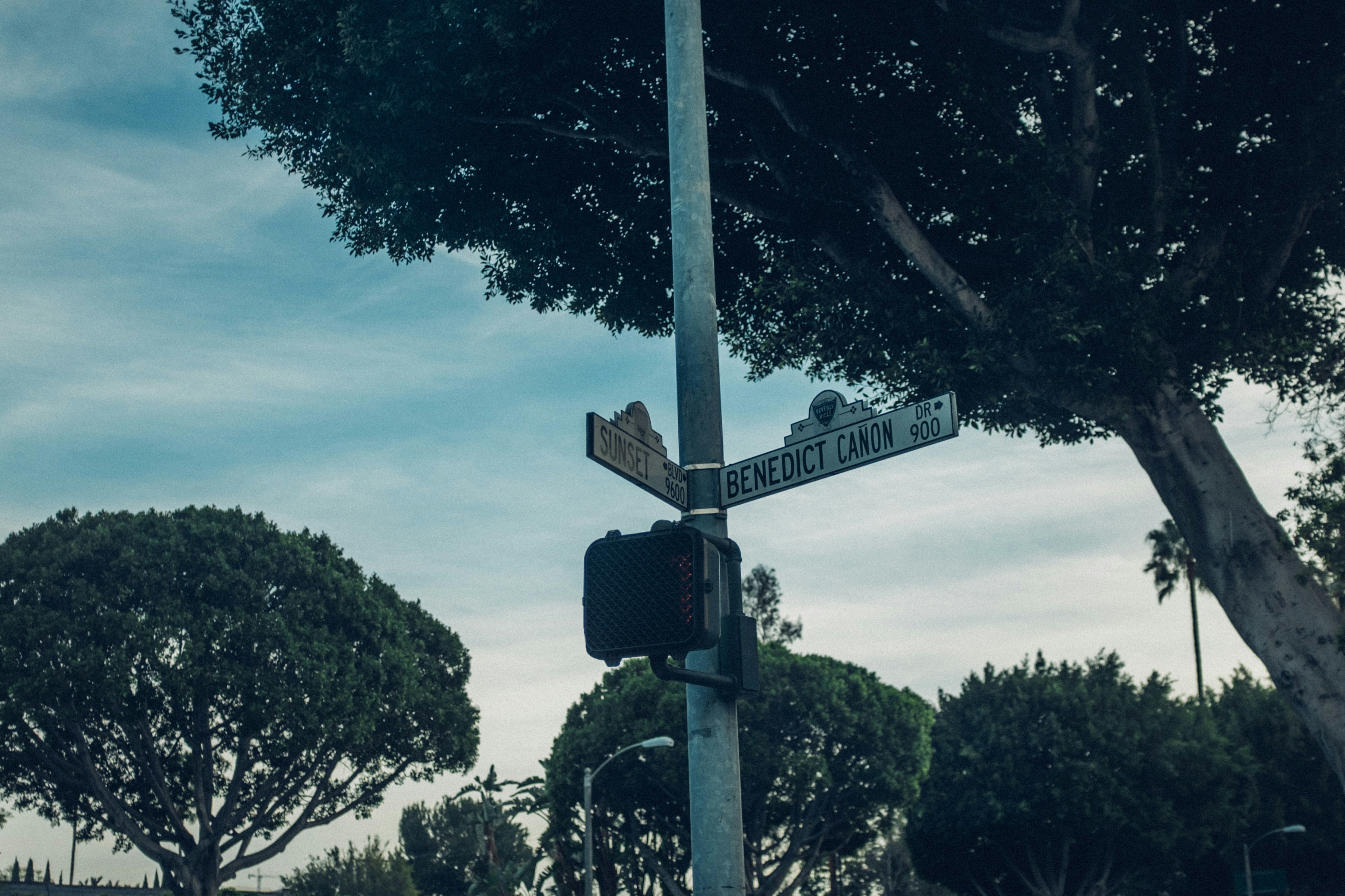 Street signs on a pole under a cloudy sky.