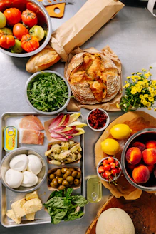 Fresh ingredients for a meal laid out on a table.