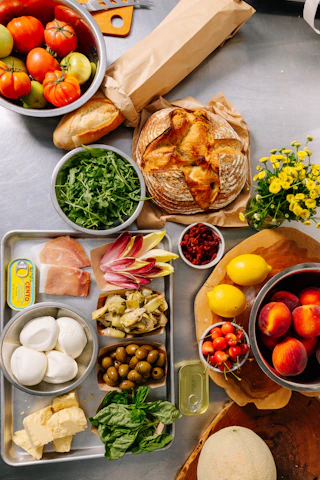 Fresh ingredients for a meal laid out on a table.