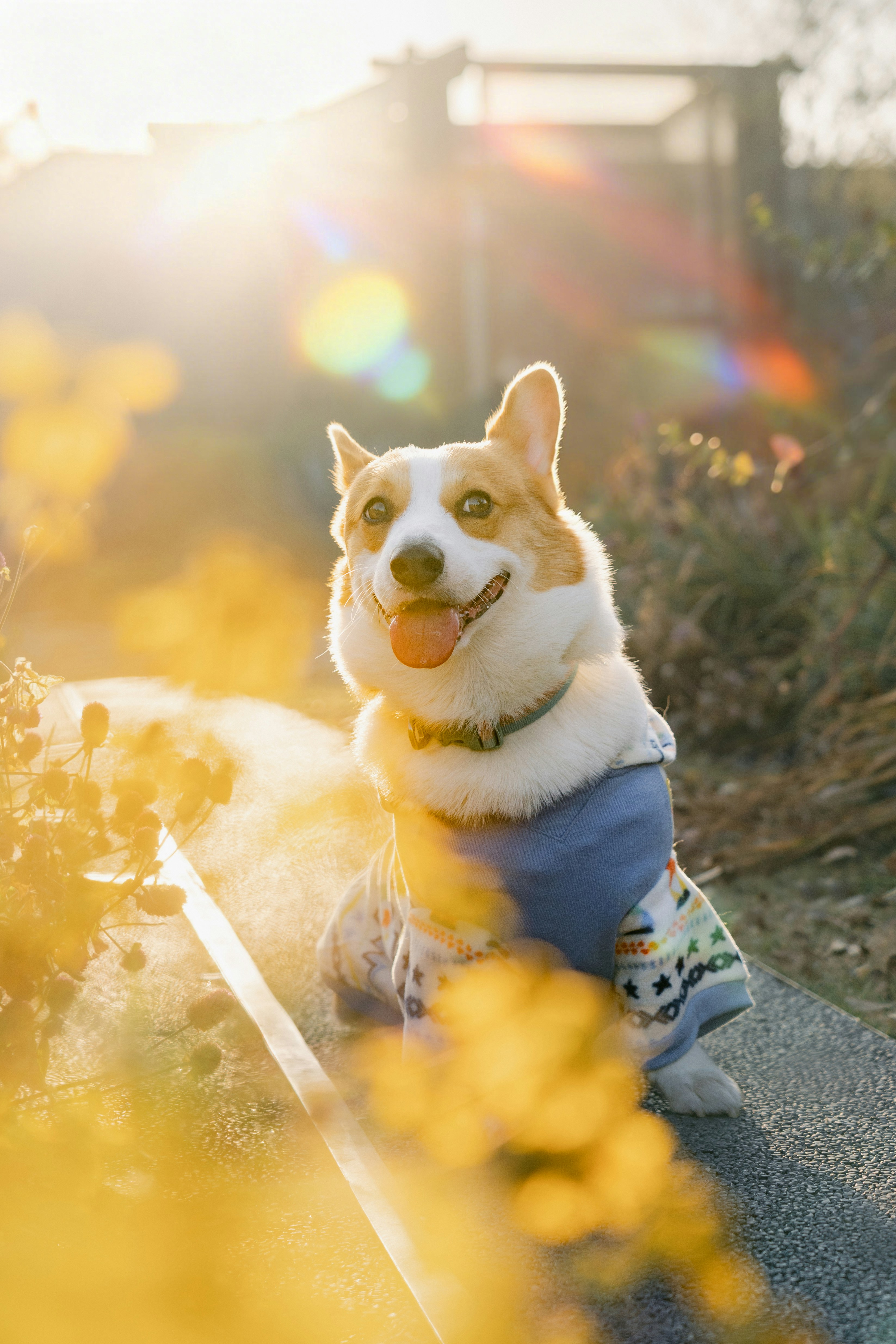 A happy corgi wearing a sweater in sunlight