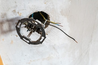 Exposed electrical wires and junction box on ceiling.