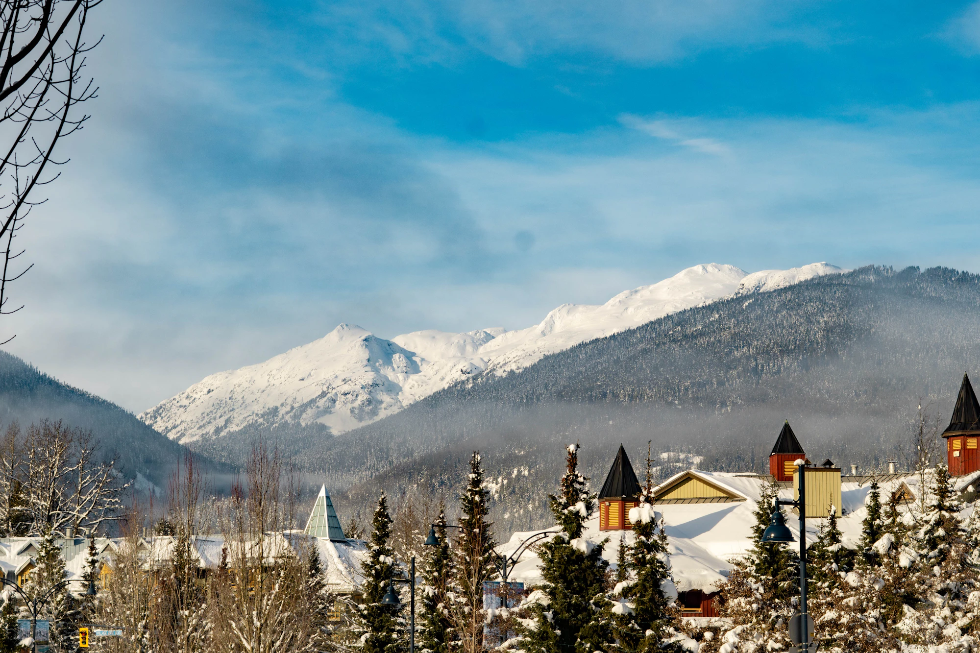 Snowy Whistler Village nestled at the base of the mountains