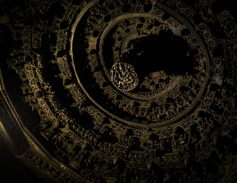 Spiral carving on ancient stone ceiling