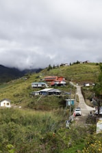 Houses scattered on a grassy hillside under cloudy sky.