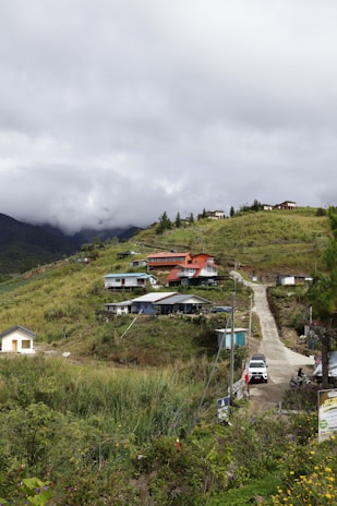 Houses scattered on a grassy hillside under cloudy sky.