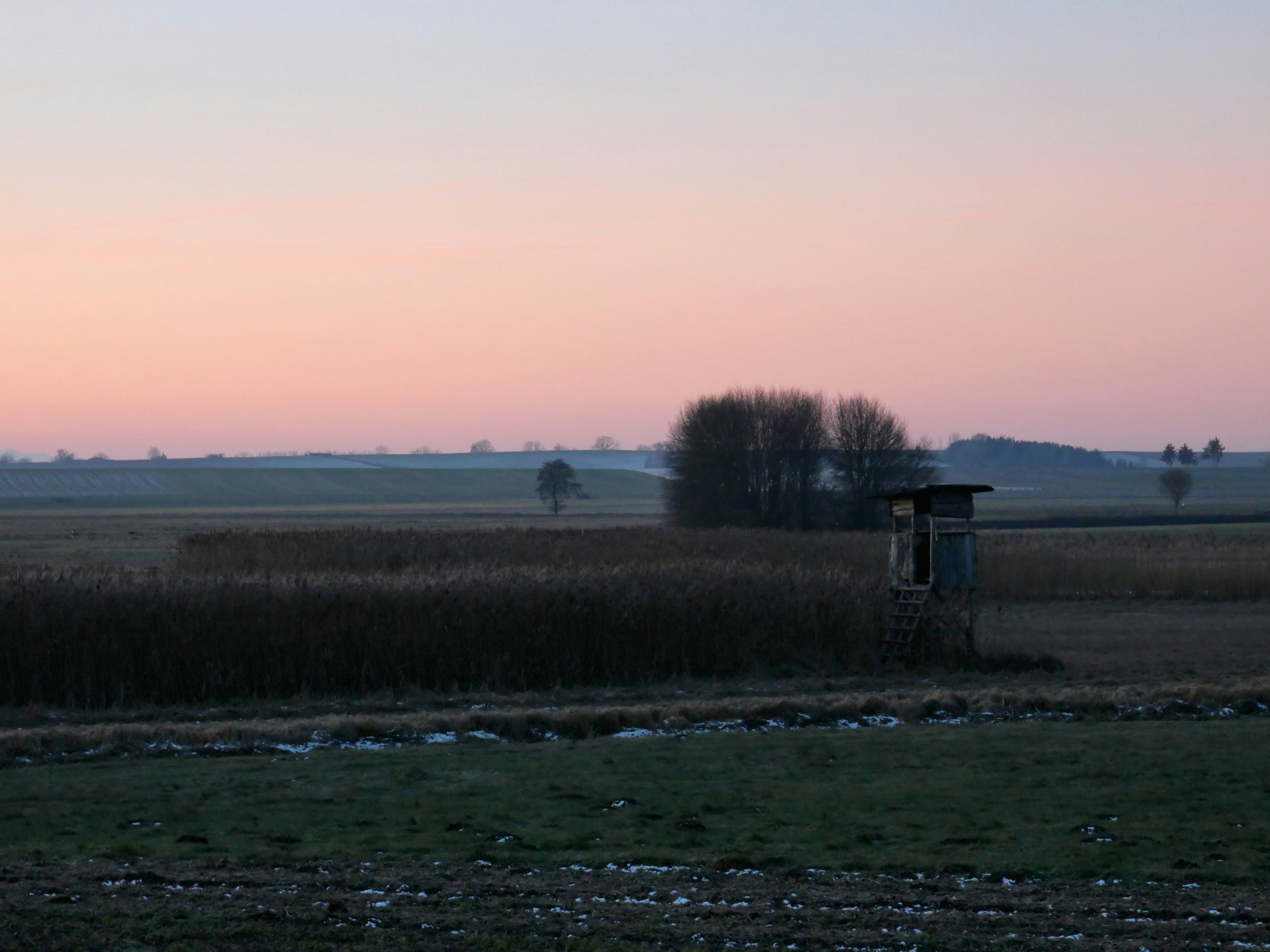 A tranquil scene of a hunting stand silhouetted against the soft pastel hues of dawn. The landscape unfolds with rolling fields, patches of snow, and bare winter trees, creating a serene and peaceful atmosphere. The gentle light of sunrise casts a warm glow over the countryside, highlighting the quiet beauty of rural Germany.
