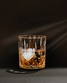 A glass of whiskey with a large ice cube