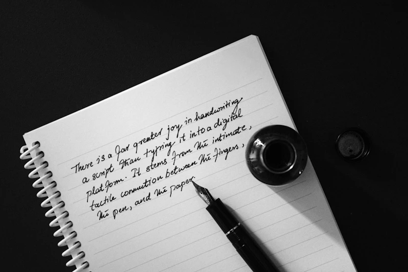 A fountain pen and inkwell on a notebook