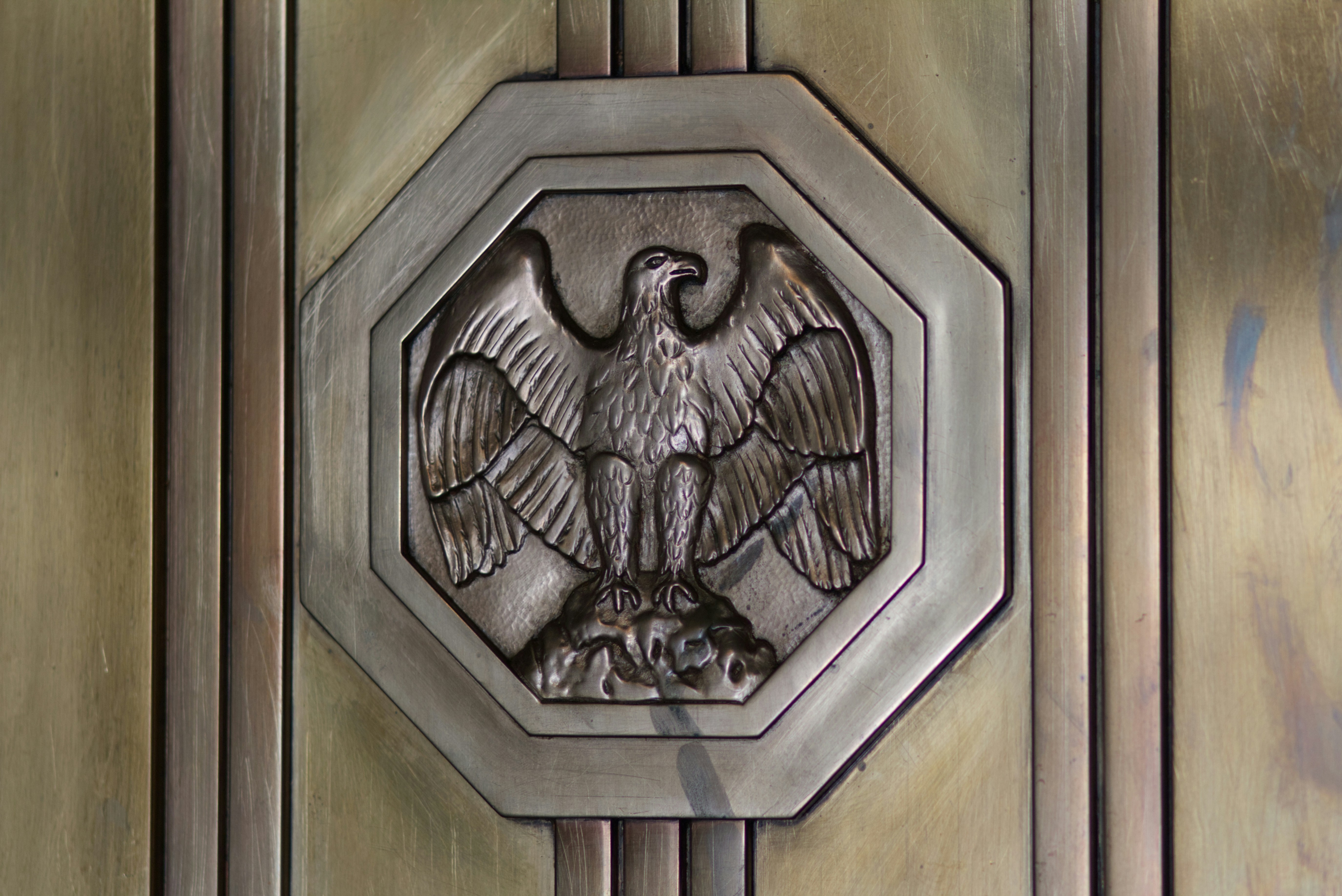 Embossed eagle emblem on a metallic surface.