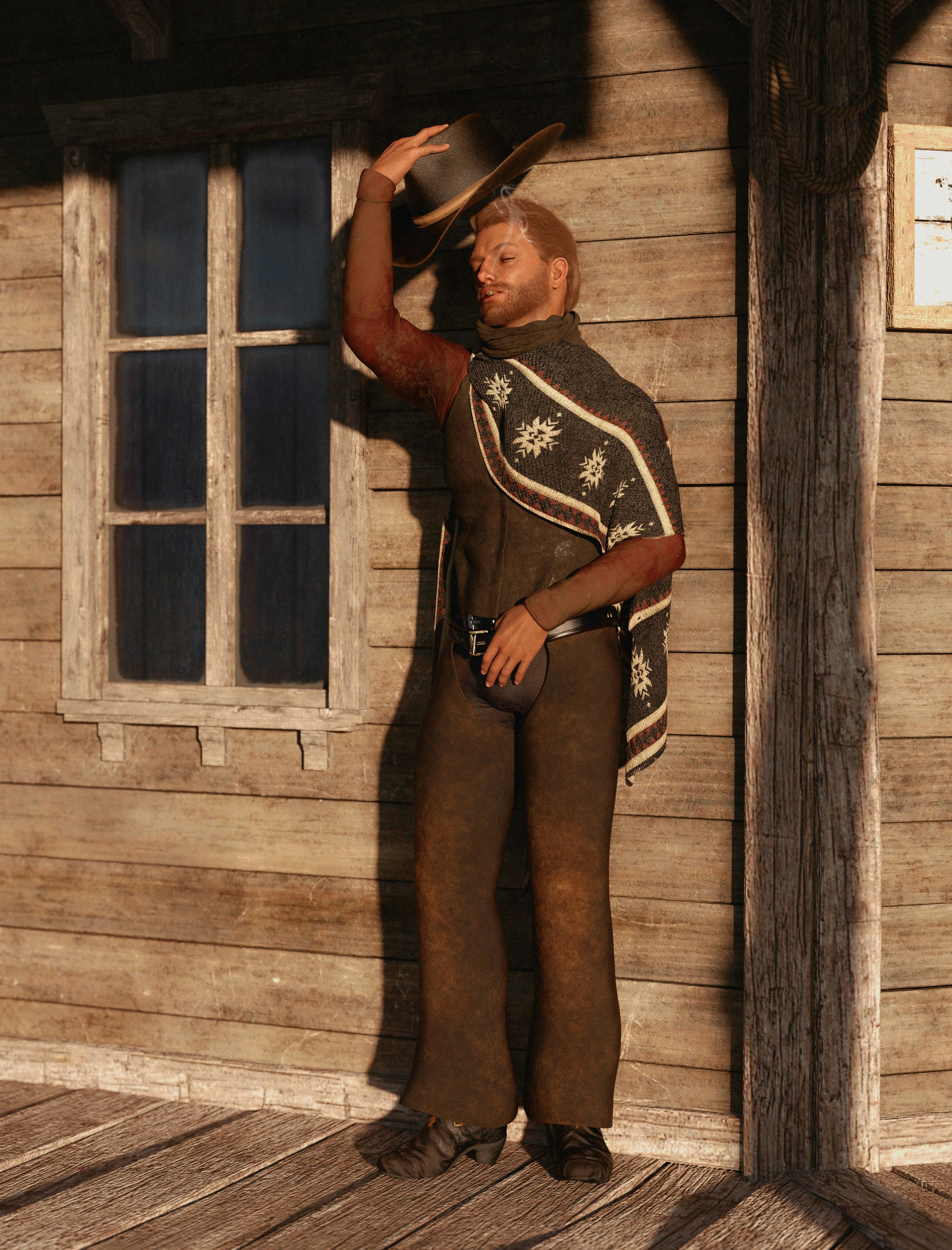 Cowboy-Kipphut vor dem Holzgebäude