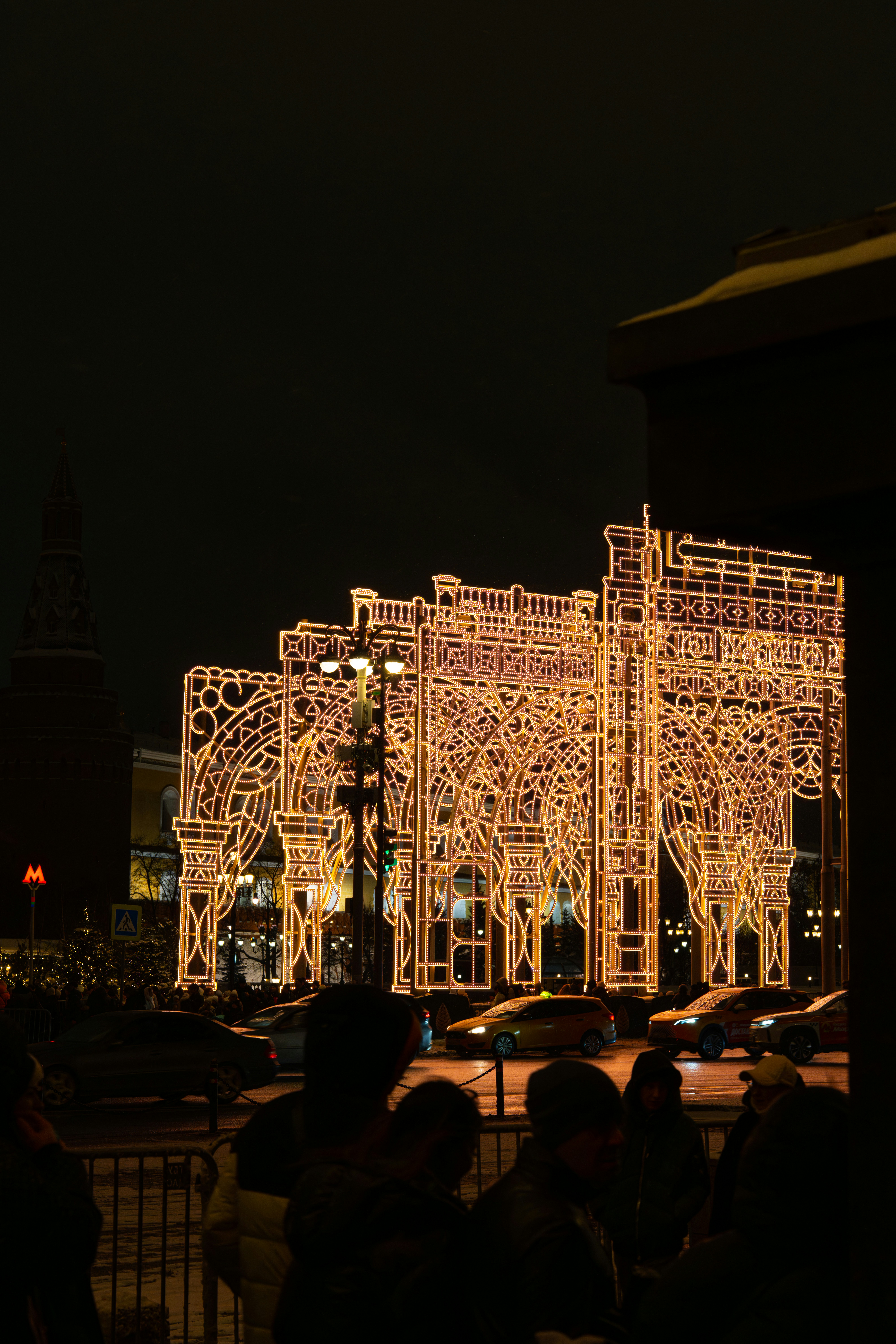 Ornate building illuminated with festive lights at night