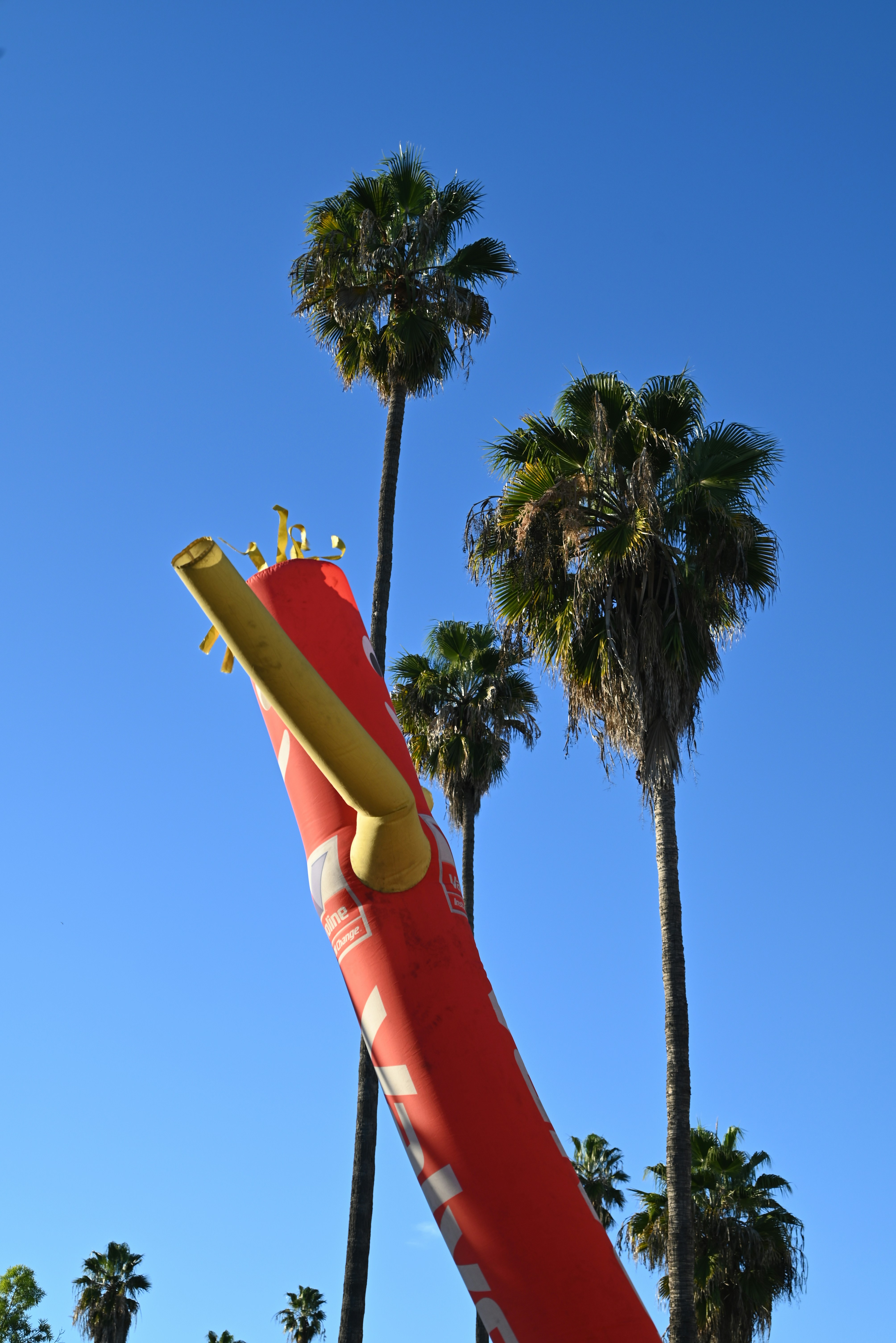 Red inflatable tube man dances beneath palm trees