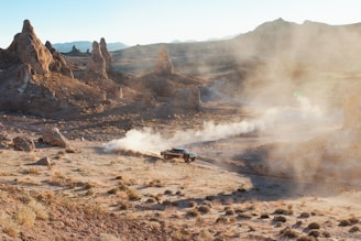 Off-road vehicle kicking up dust in desert landscape
