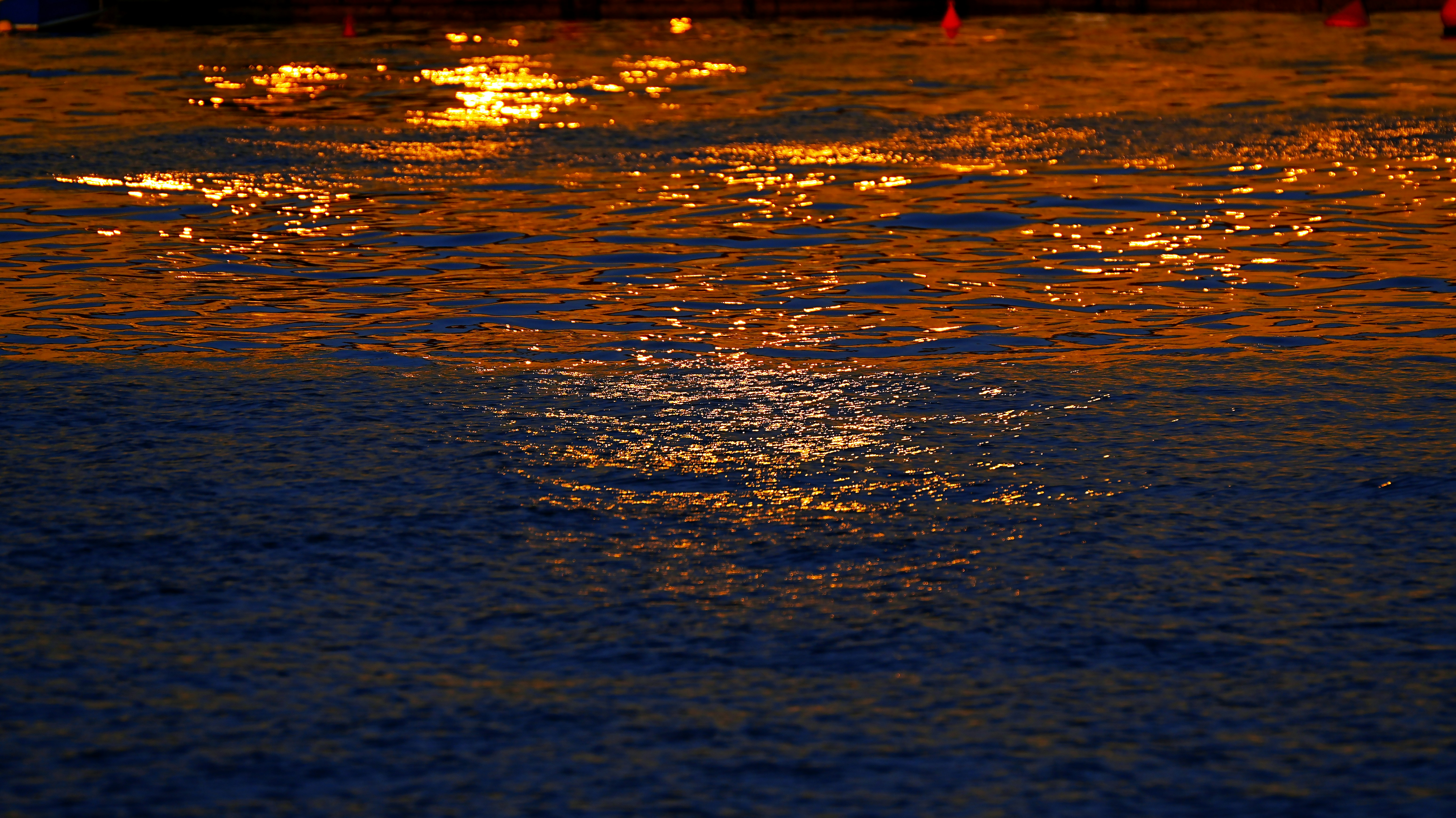 Golden sunlight reflects on dark ocean water