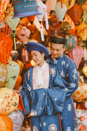 Couple in traditional vietnamese attire surrounded by lanterns
