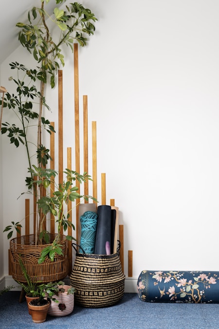 Rolled yoga mats stored upright in a corner beside potted plants and wooden slats