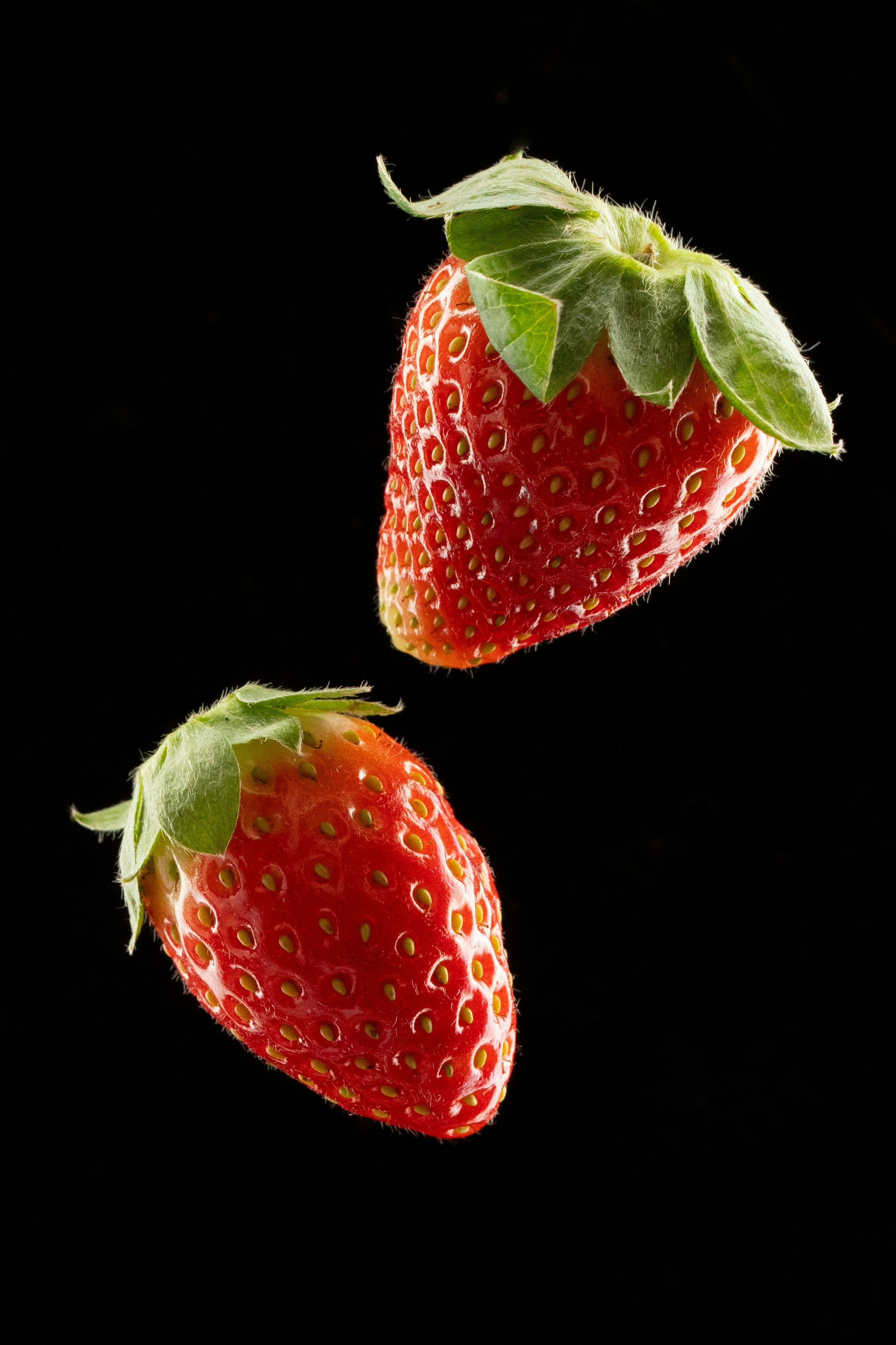 Two fresh strawberries on a black background
