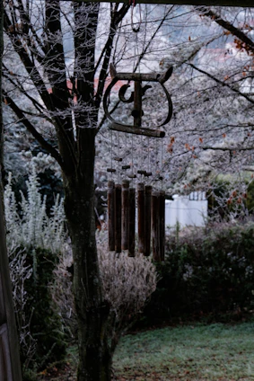 Wind chimes hang from a frosted tree branch