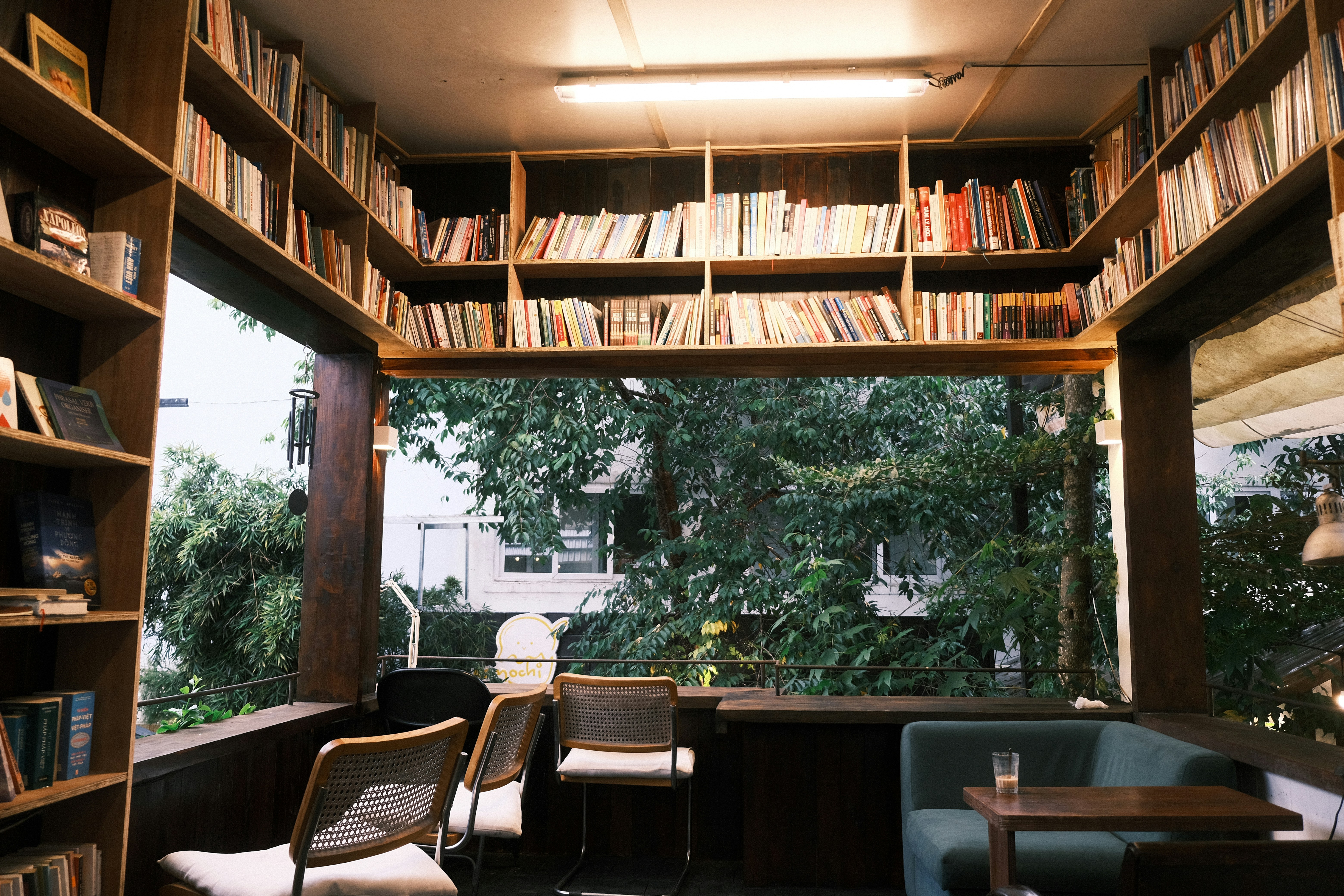 Cozy reading nook with bookshelves