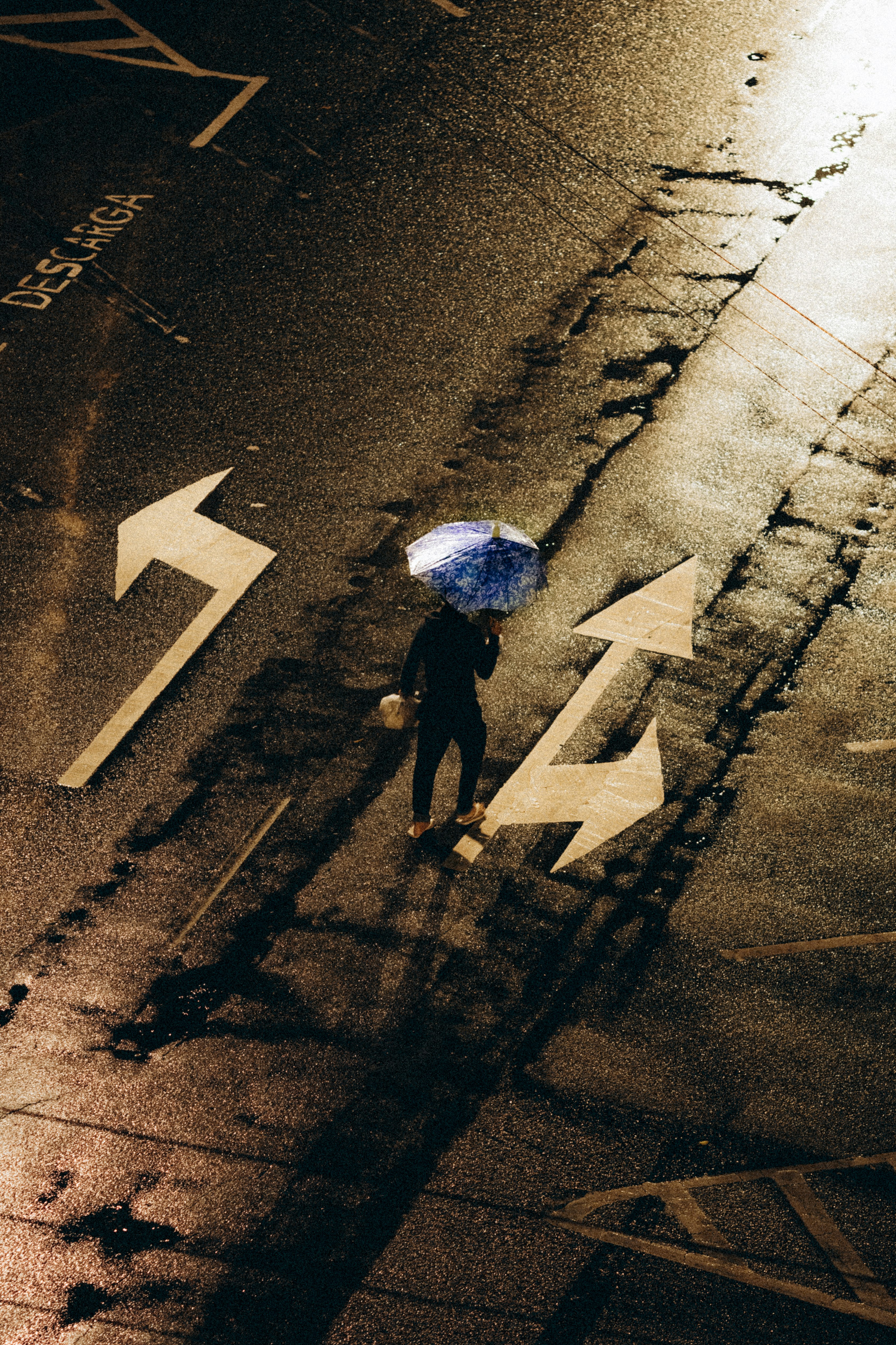 Person with umbrella standing on wet road with arrows.