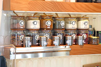 Jars and containers filled with spices and herbs
