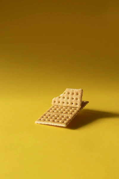 A broken cracker with a bite taken out